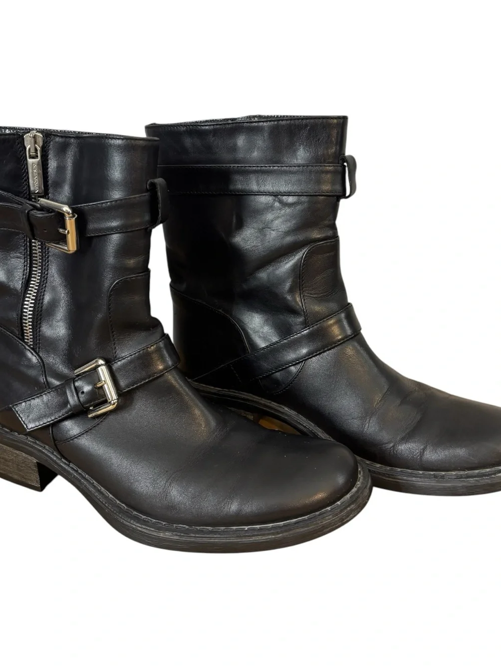 Aquatalia Black Leather Buckle Zip Moto Boots Women’s Size 6.5